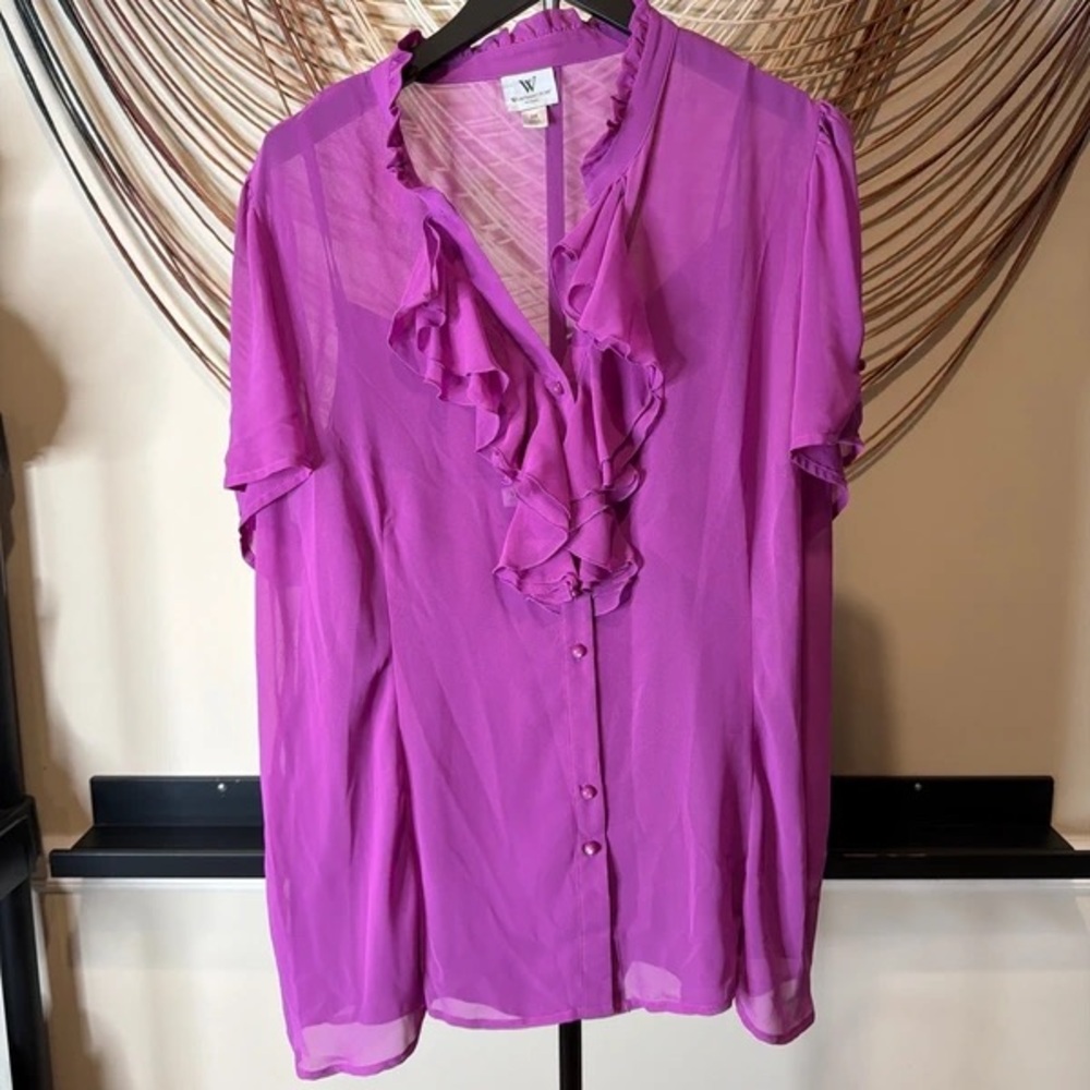 Worthington Fuchsia Ruffled V-Neck Short Sleeve Blouse
